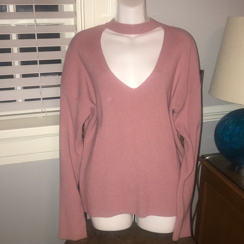 Pink V Neck Choker Sweater